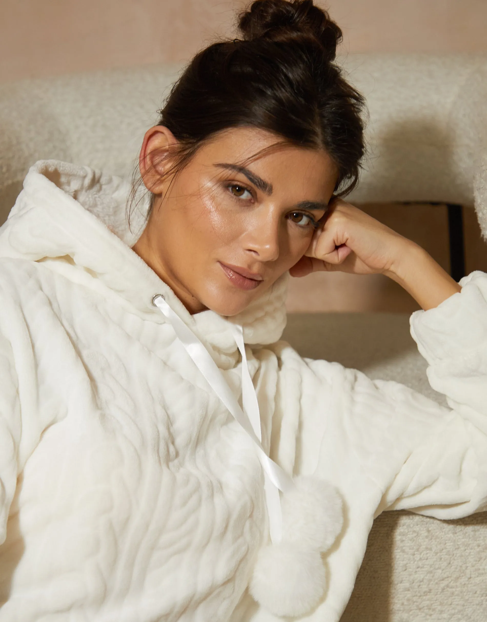 Women's Cream Cable Texture Soft Oversized Hoodie sold by Threadbare product image thumbnail 4