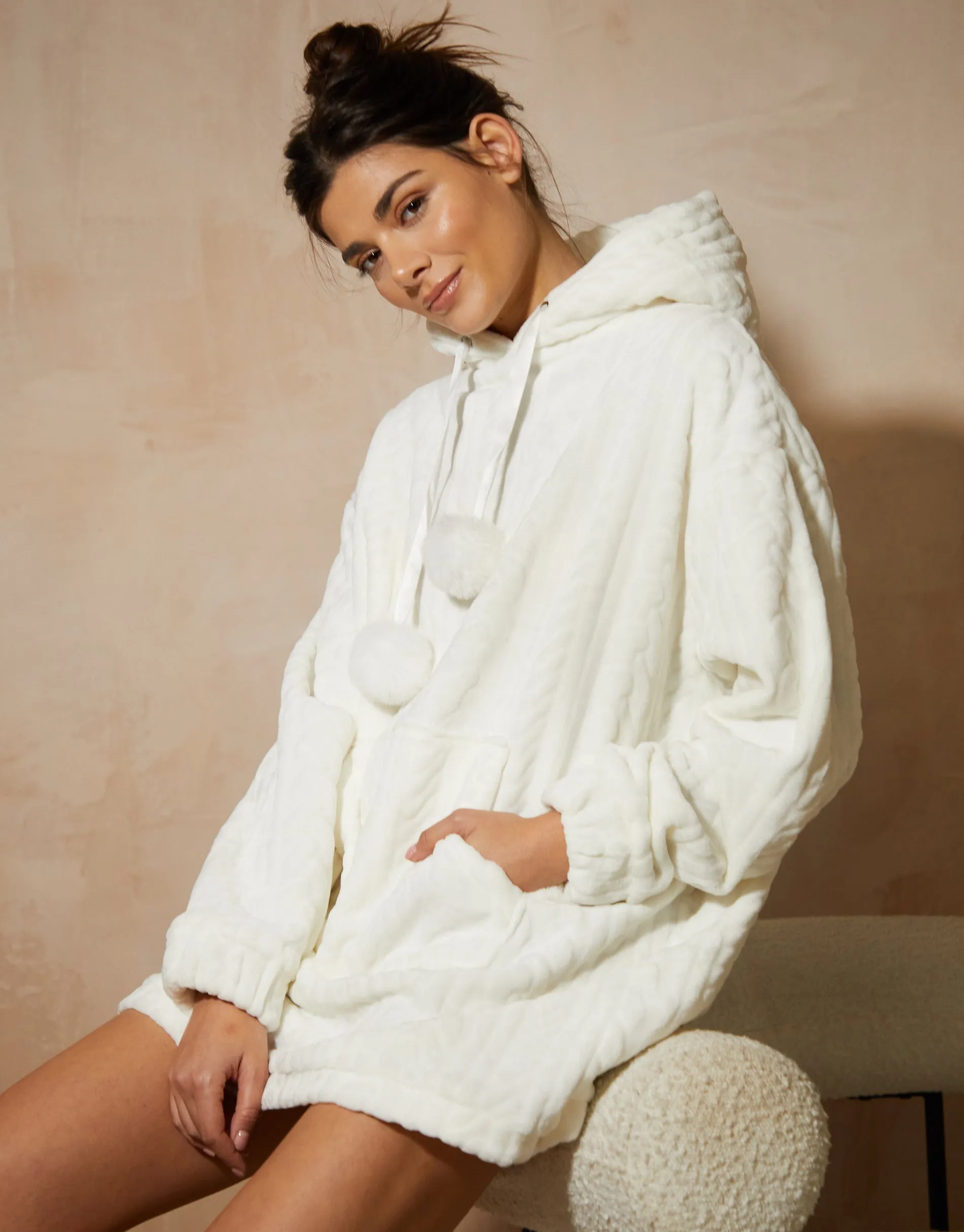 Women's Cream Cable Texture Soft Oversized Hoodie sold by Threadbare product image thumbnail 5