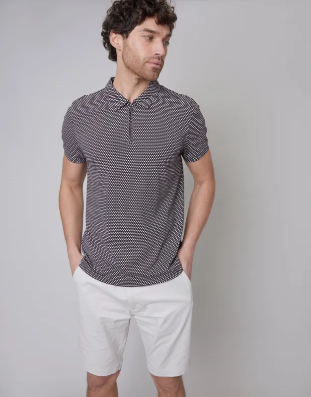 Dark Chocolate Brown Geometric Print Zip Collar Polo Shirt sold by Threadbare
