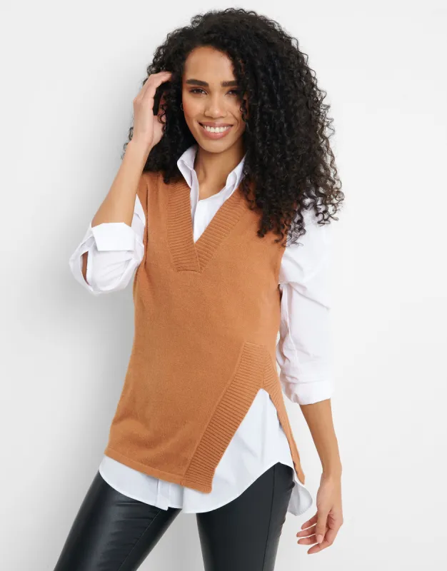 Women's Tan Knitted V-Neck Vest sold by Threadbare