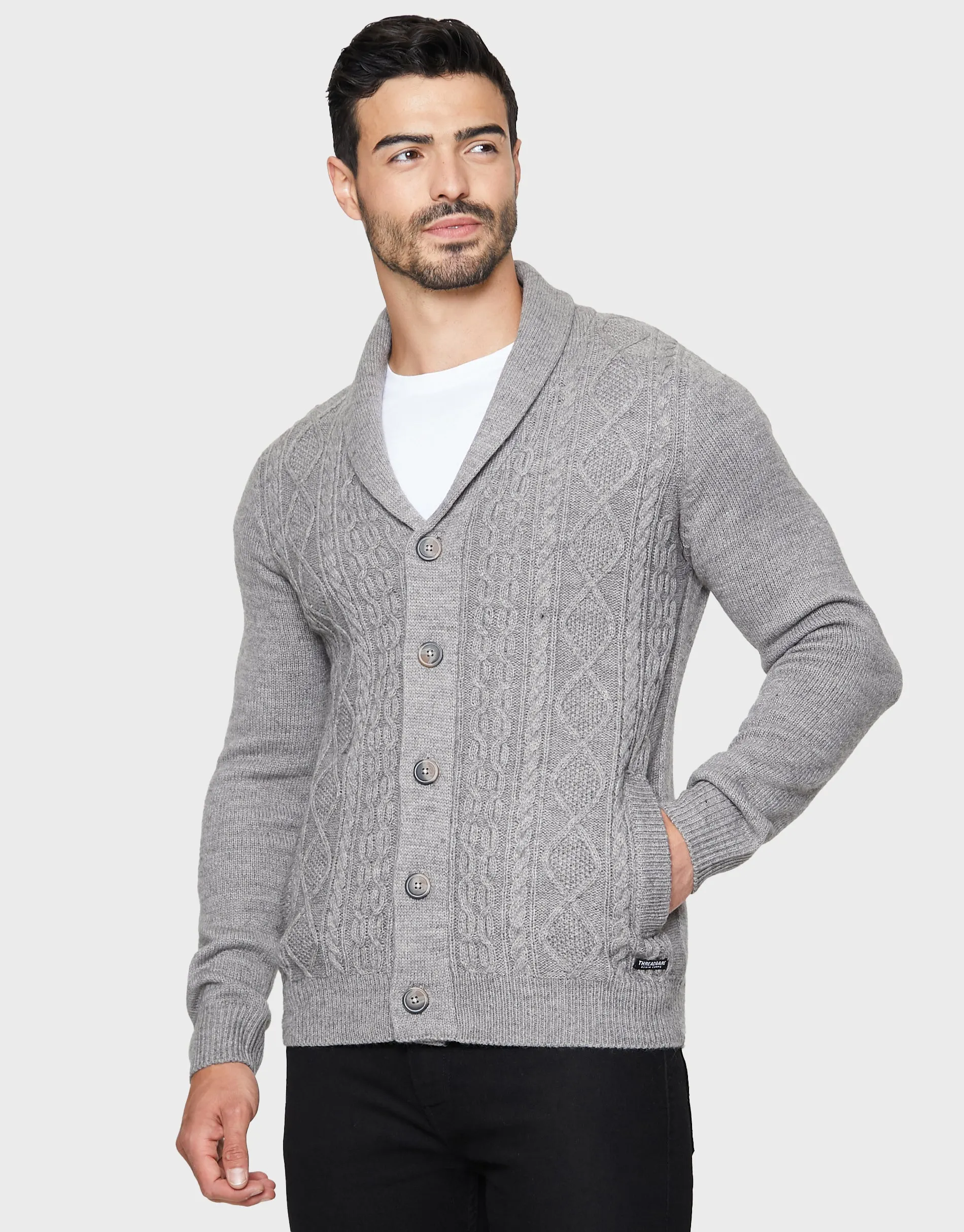 Men's Light Grey Marl Shawl Cardigan sold by Threadbare