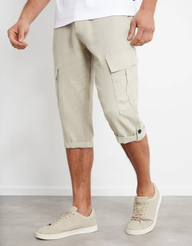Men's Stone Linen Blend 3/4 Length Cargo Trousers sold by Threadbare