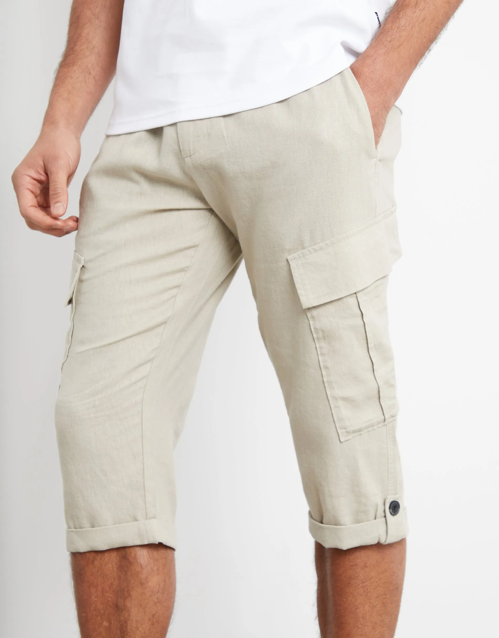 Men's Stone Linen Blend 3/4 Length Cargo Trousers sold by Threadbare product image thumbnail 4