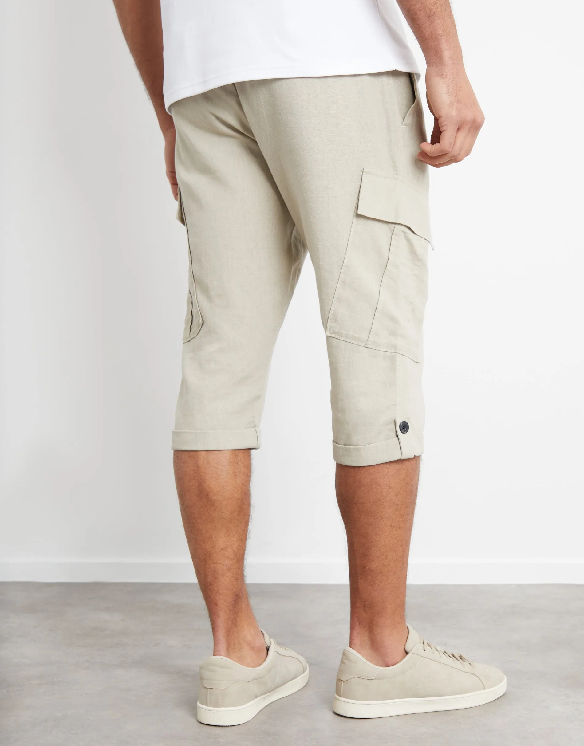 Men's Stone Linen Blend 3/4 Length Cargo Trousers sold by Threadbare product image thumbnail 2