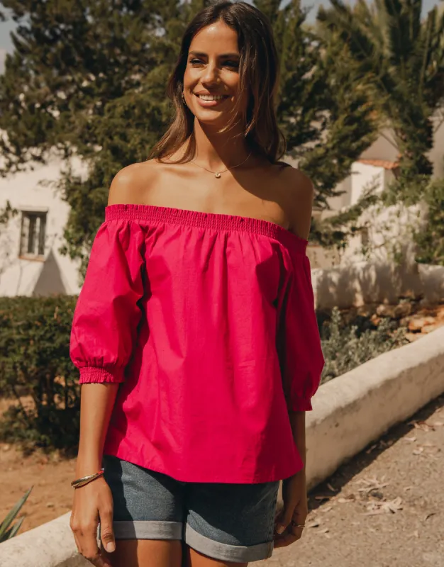 Women's Pink Off the Shoulder Bardot Puff Sleeve Top sold by Threadbare