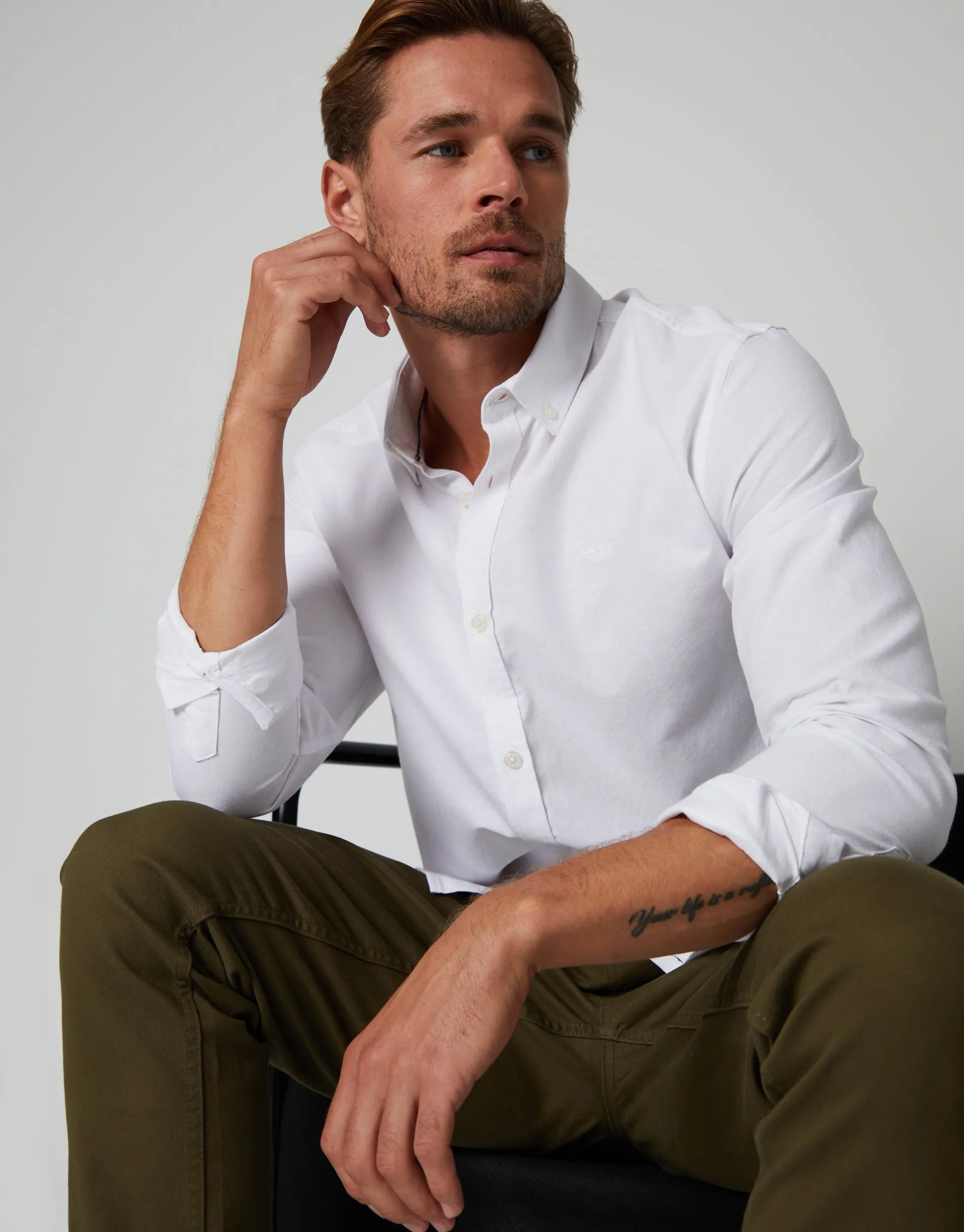 White Cotton Long Sleeve Shirt sold by Threadbare