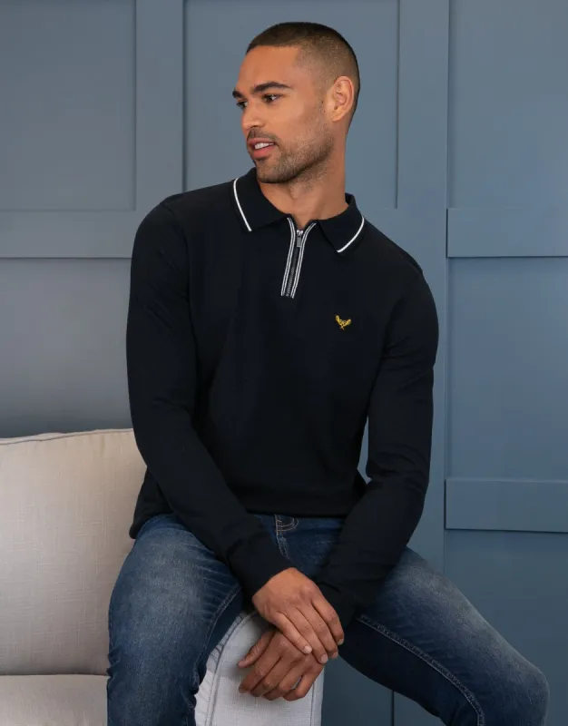 Men's Navy Quarter Zip Polo Jumper sold by Threadbare