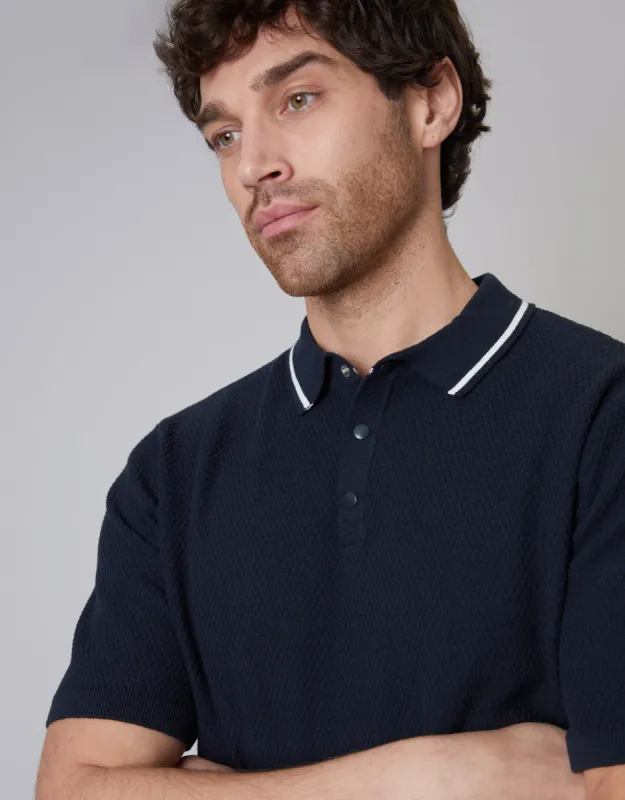 Men's Navy Tipping Collar Knitted Polo sold by Threadbare