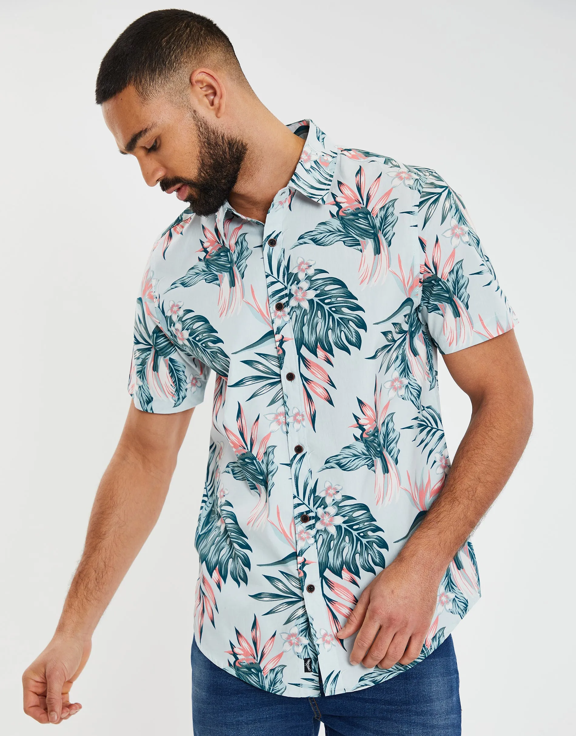 Men's Sky Blue Tropical Print Short Sleeve Shirt sold by Threadbare