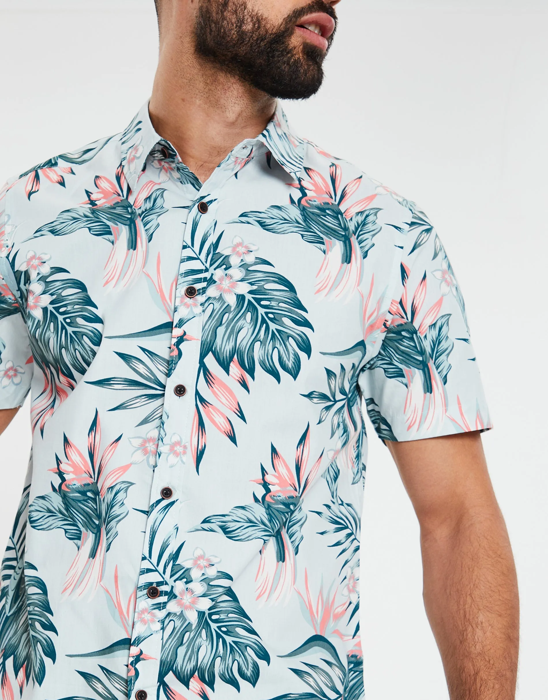 Men's Sky Blue Tropical Print Short Sleeve Shirt sold by Threadbare product image thumbnail 4