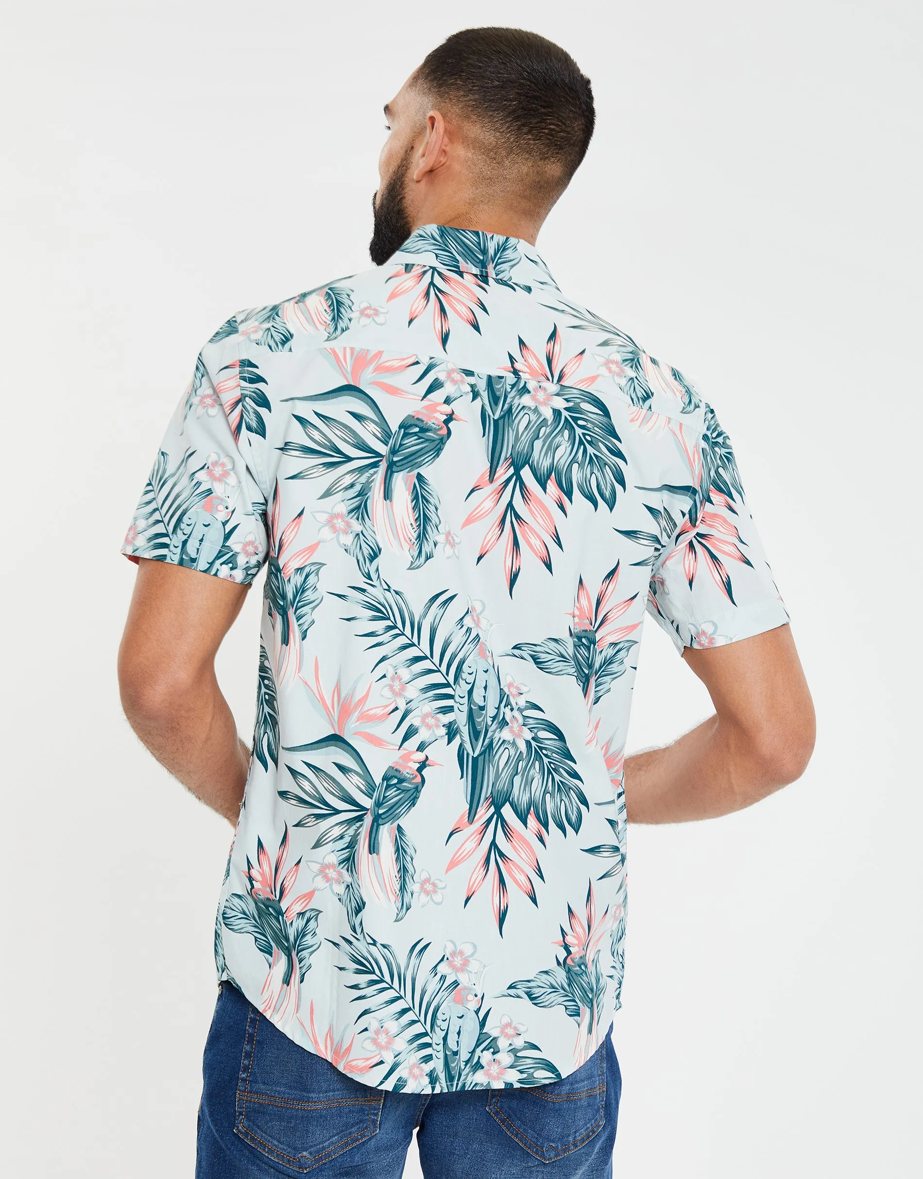 Men's Sky Blue Tropical Print Short Sleeve Shirt sold by Threadbare product image thumbnail 2
