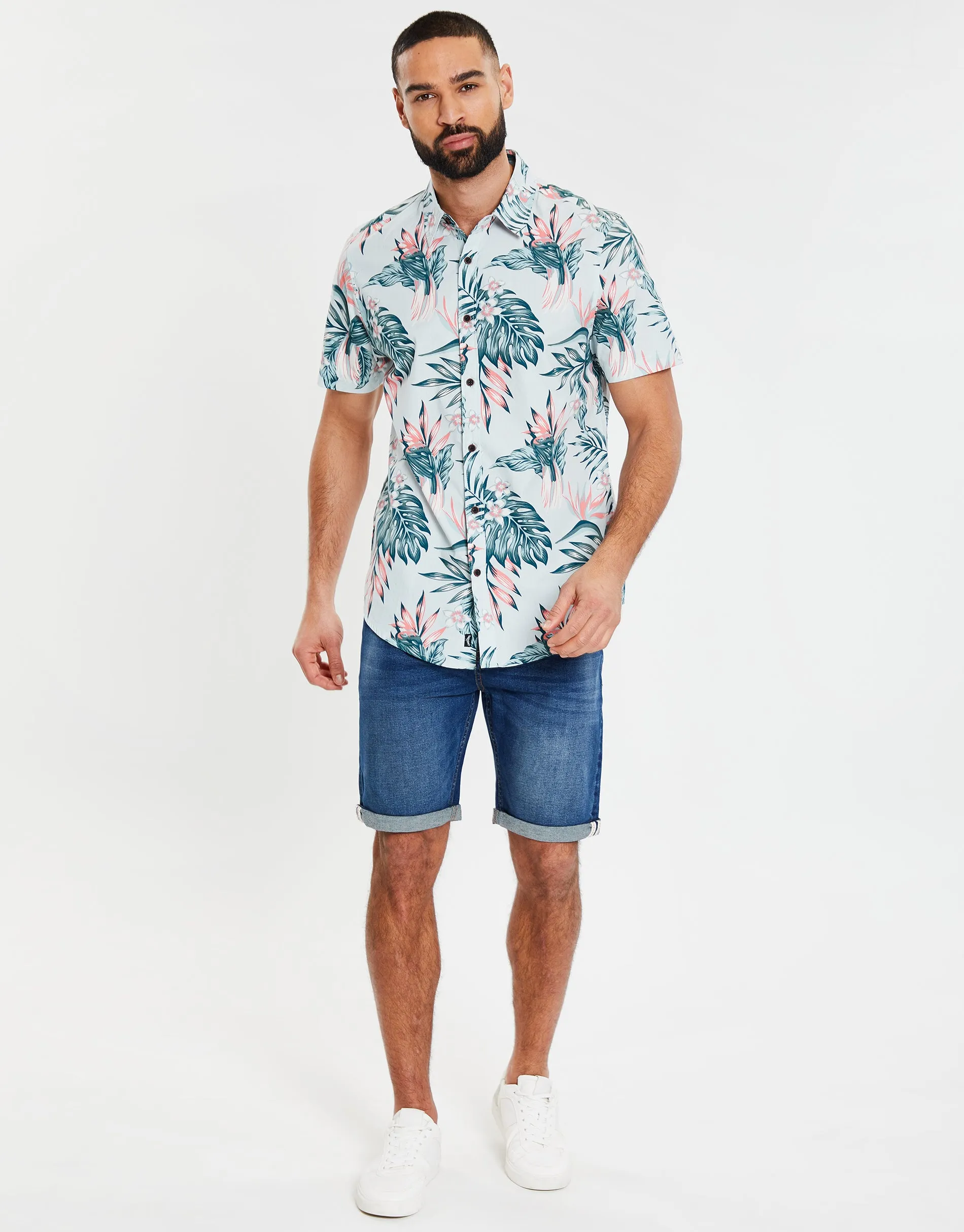 Men's Sky Blue Tropical Print Short Sleeve Shirt sold by Threadbare product image thumbnail 3