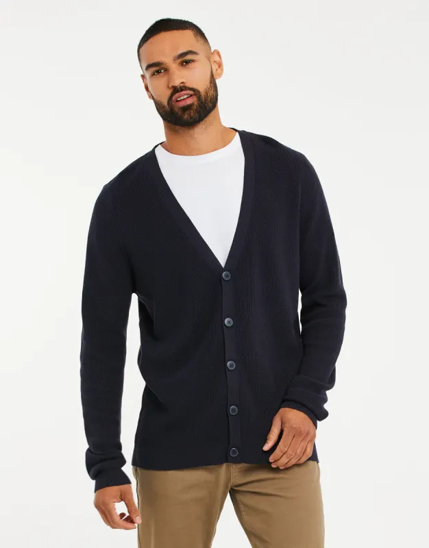 Men's Navy Knitted Cardigan sold by Threadbare