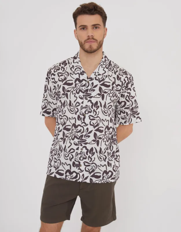 Men's Cream Abstract Floral Print Revere Collar Short Sleeve Shirt sold by Threadbare