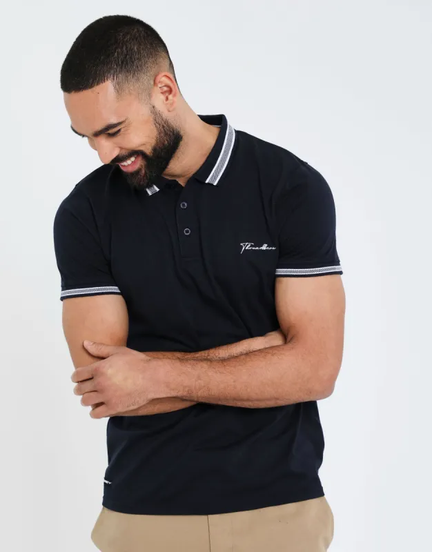 Men's Navy Script Logo Rib Collar Polo Shirt sold by Threadbare