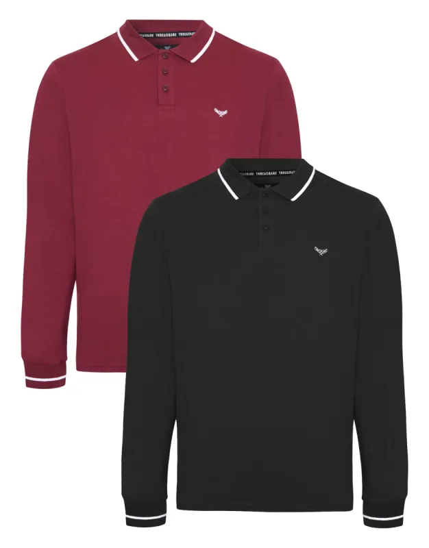 Men's Black & Burgundy Long Sleeve Polo Shirts (2 Pack) sold by Threadbare