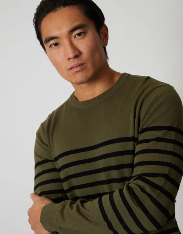 Men's Khaki Striped Knitted Crew Neck Jumper sold by Threadbare