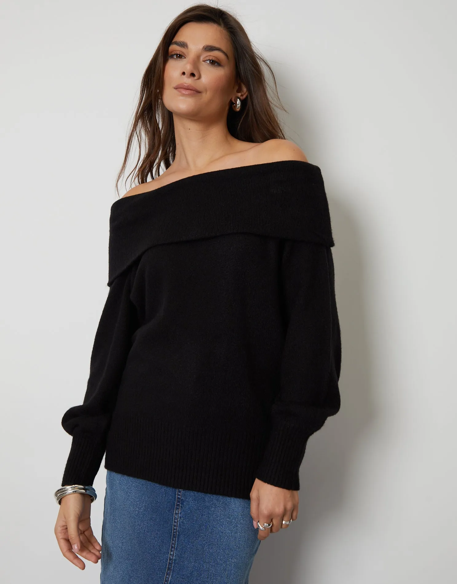 Women's Black Off The Shoulder Bardot Jumper sold by Threadbare