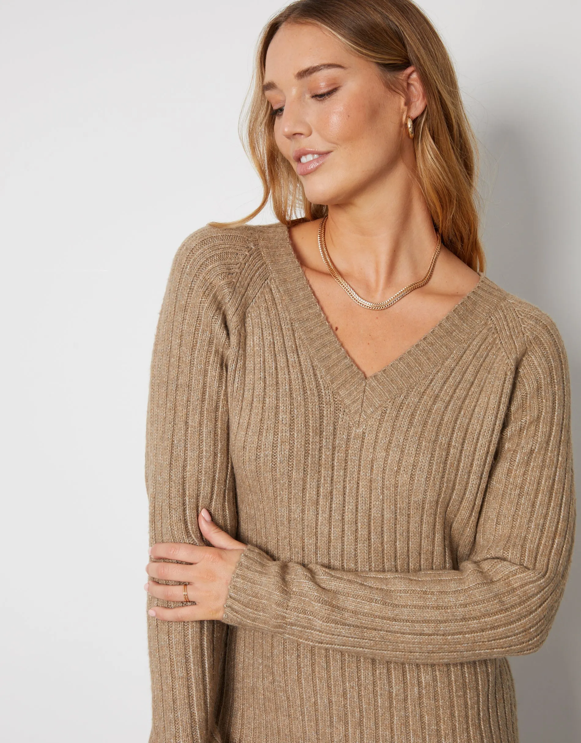 Women's Petite Camel V Neck Knitted Midi Dress sold by Threadbare