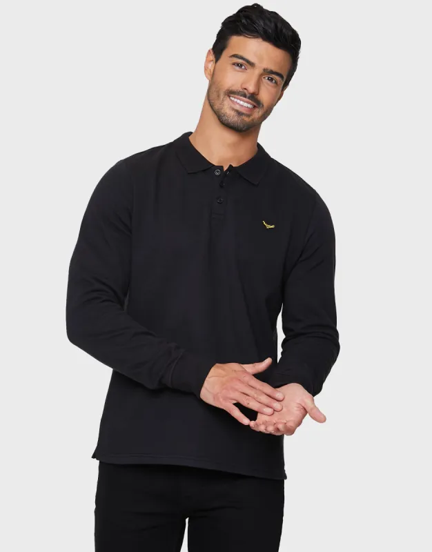Men's Black Long Sleeve Fleece Polo Shirt sold by Threadbare