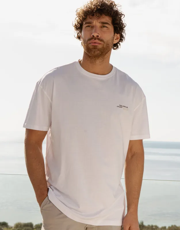 Men's White Wanderlust Graphic Oversized T-Shirt sold by Threadbare
