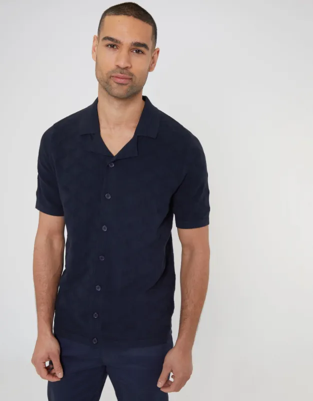 Men's Navy Revere Collar Short Sleeve Knit Shirt sold by Threadbare
