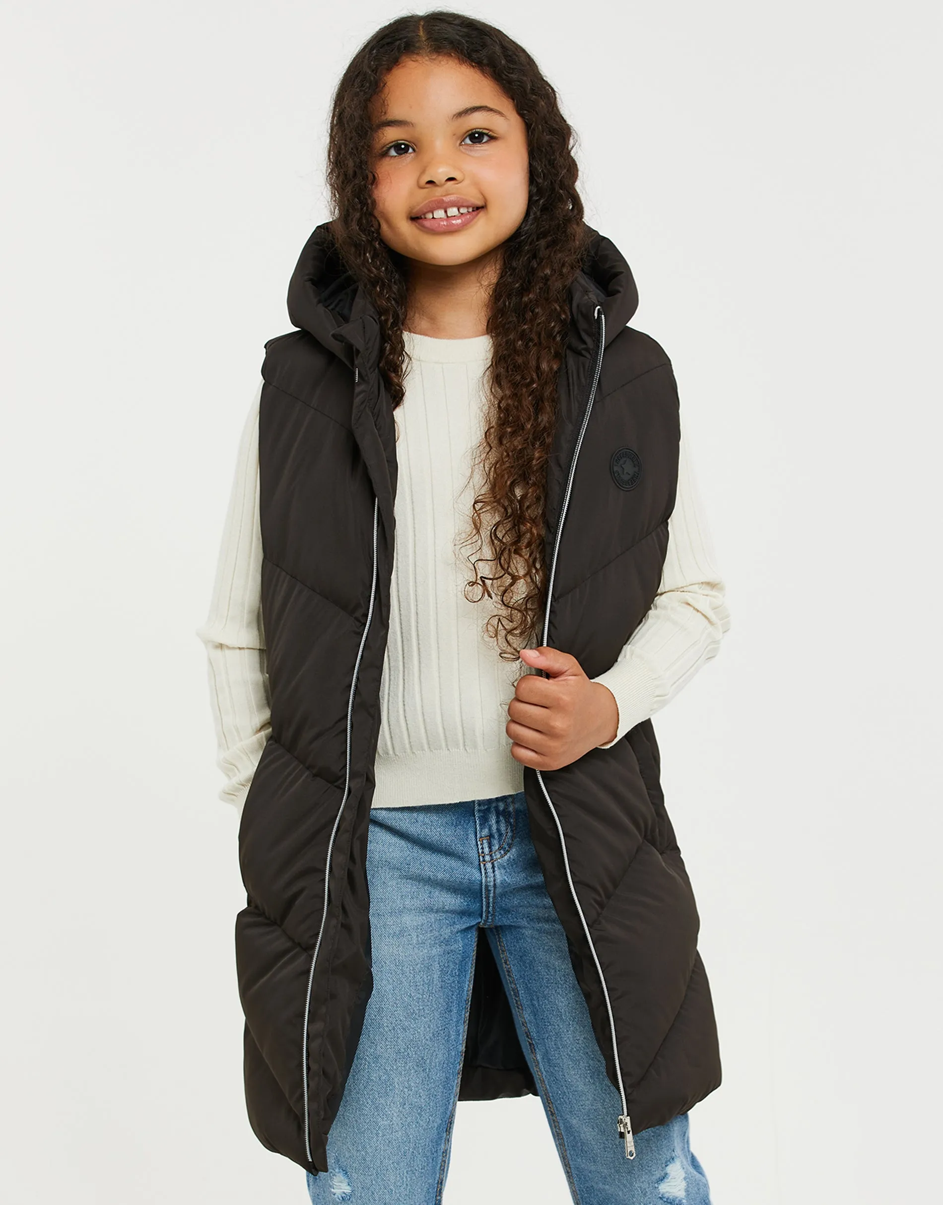 Girls' Black Quilted Longline Gilet sold by Threadbare