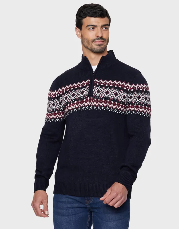 Men's Navy Fairisle Quarter Zip Jumper sold by Threadbare