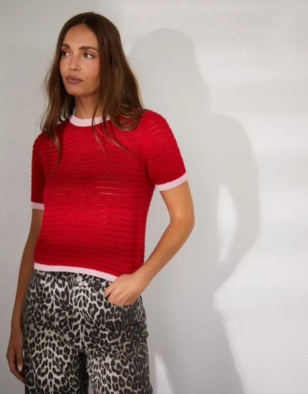 Women's Red Contrast Tipping Crochet T-Shirt sold by Threadbare