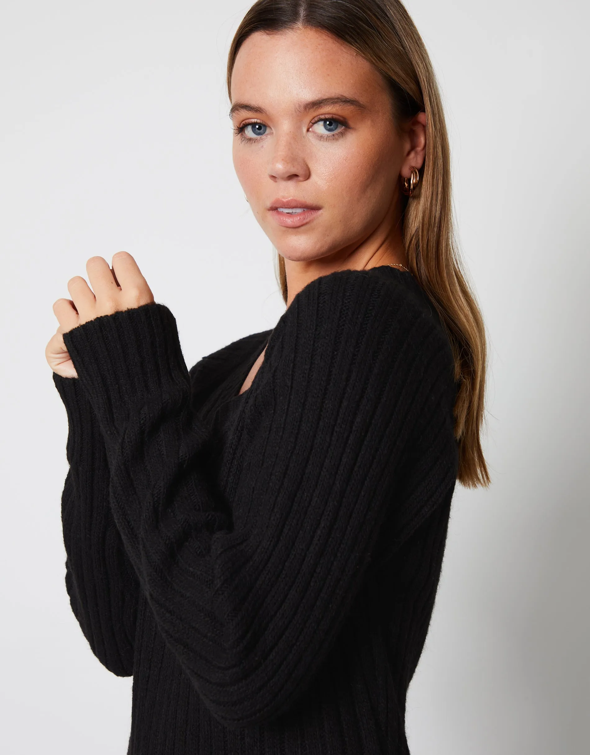 Women's Black V Neck Knitted Midi Dress sold by Threadbare product image thumbnail 4