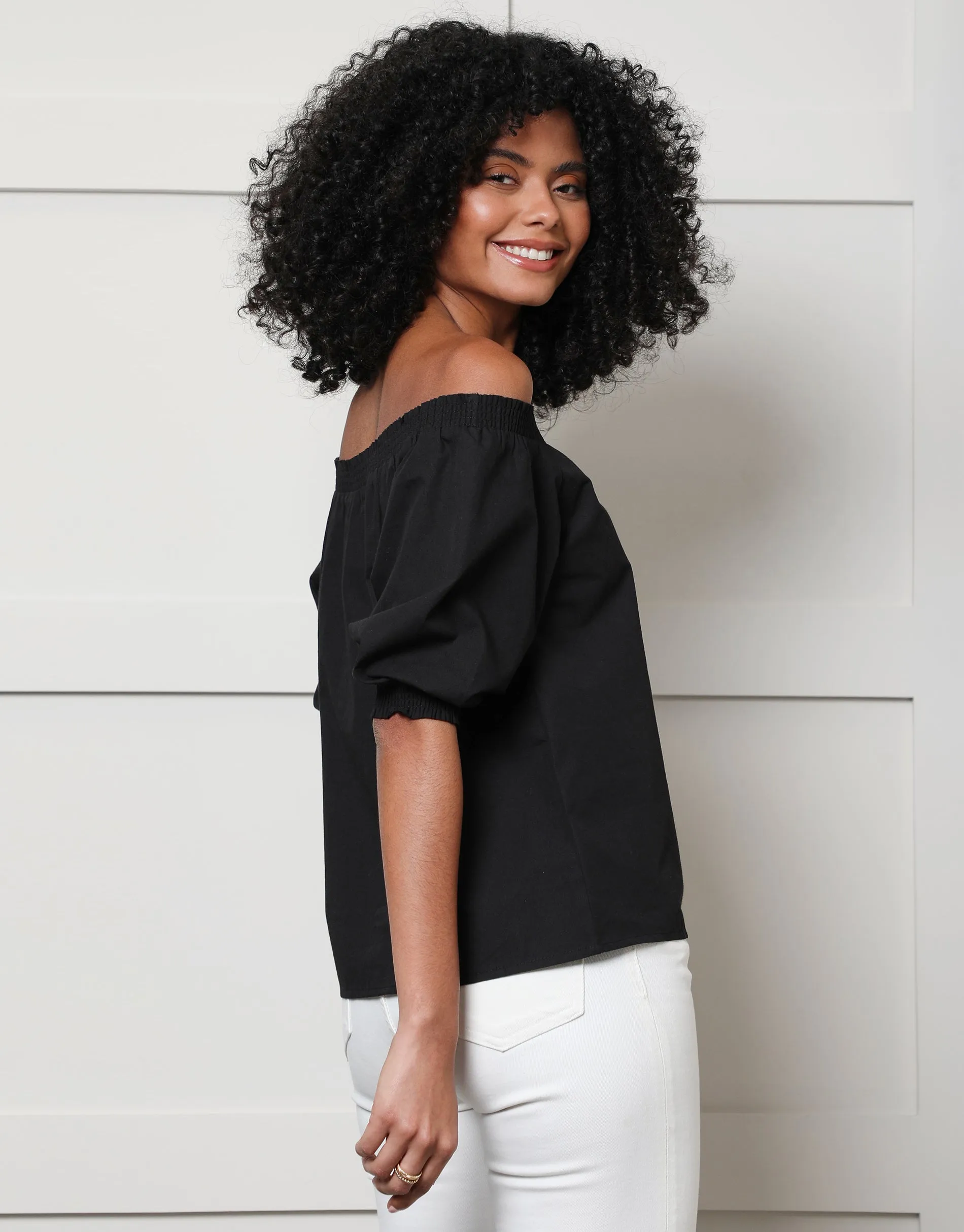 Women's Black Off the Shoulder Bardot Puff Sleeve Top sold by Threadbare product image thumbnail 2