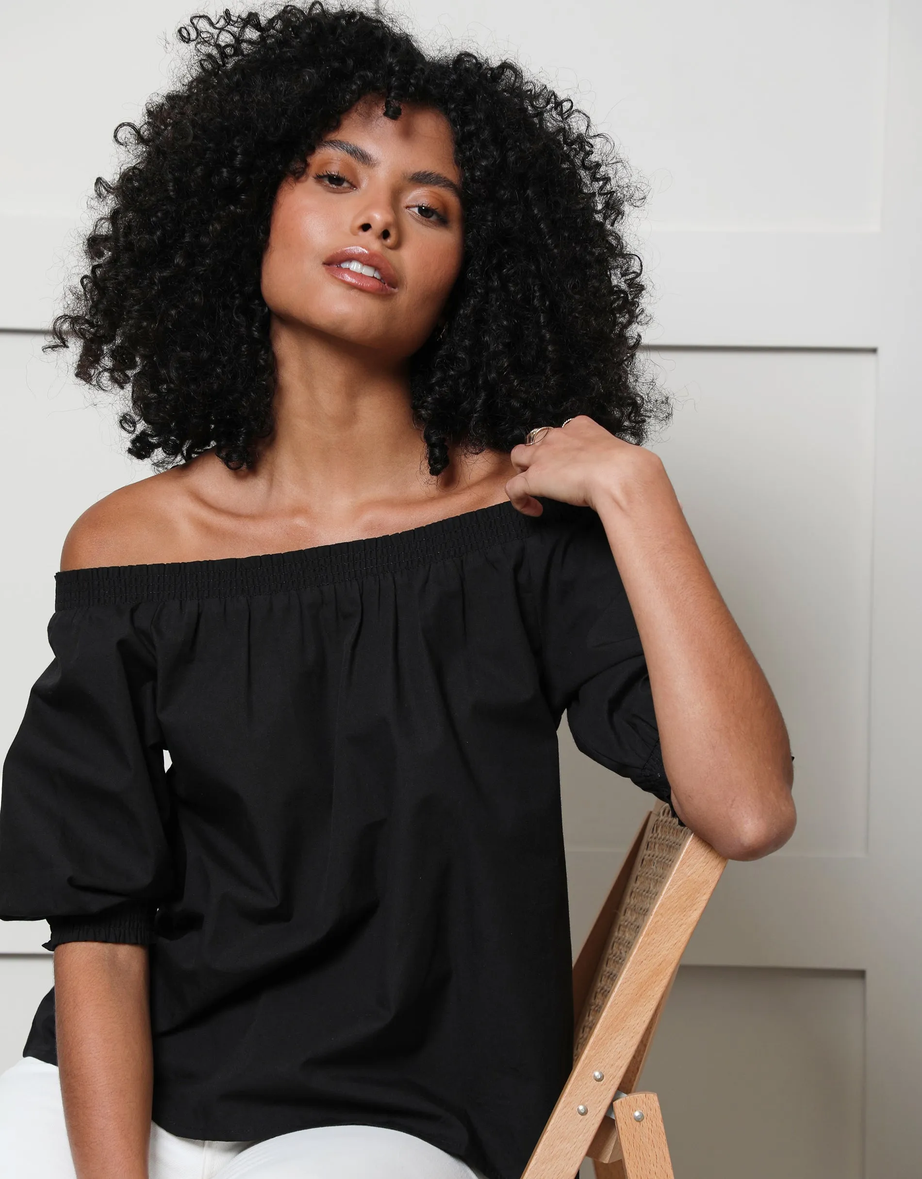 Women's Black Off the Shoulder Bardot Puff Sleeve Top sold by Threadbare