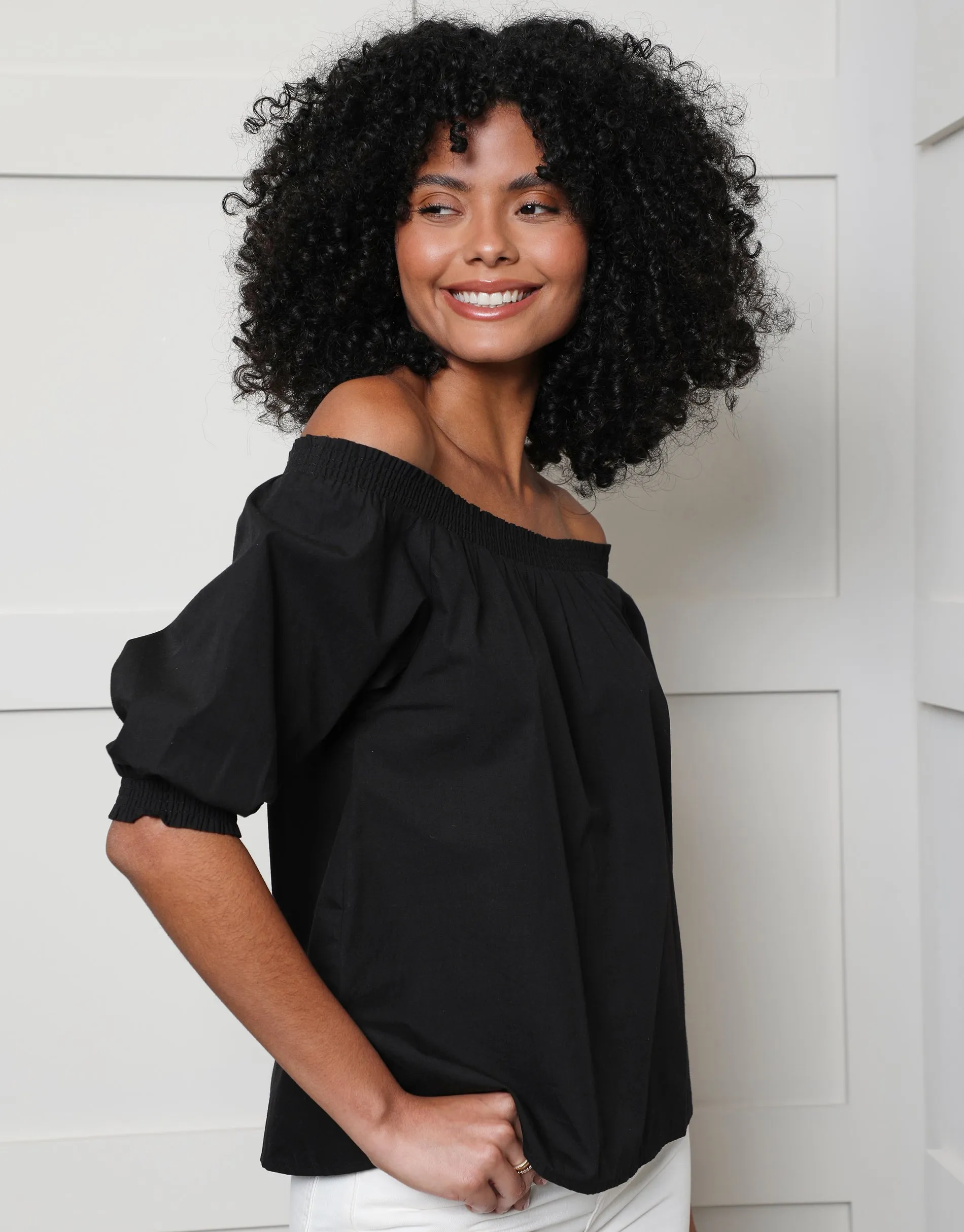 Women's Black Off the Shoulder Bardot Puff Sleeve Top sold by Threadbare product image thumbnail 3