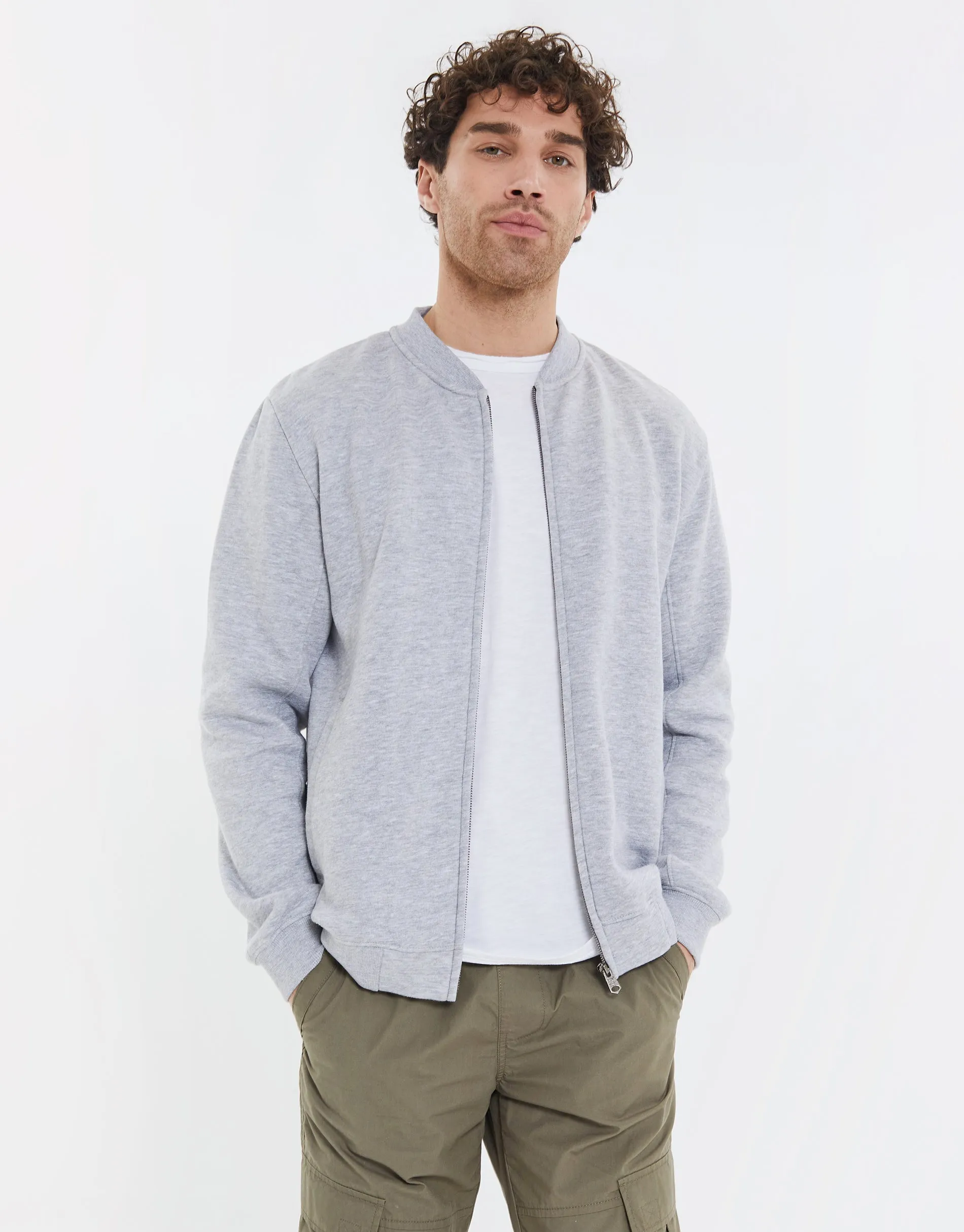 Men's Grey Marl Zip Up Fleece Varsity Jacket sold by Threadbare