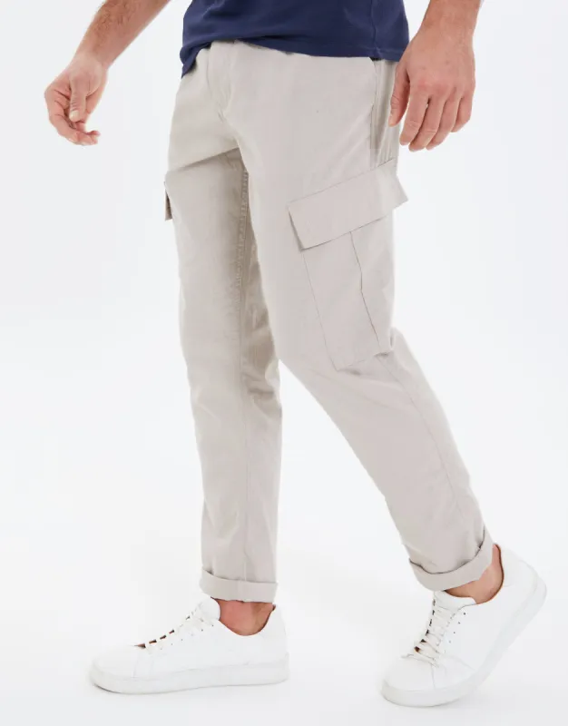Men's Stone Linen Mix Cargo Trousers sold by Threadbare