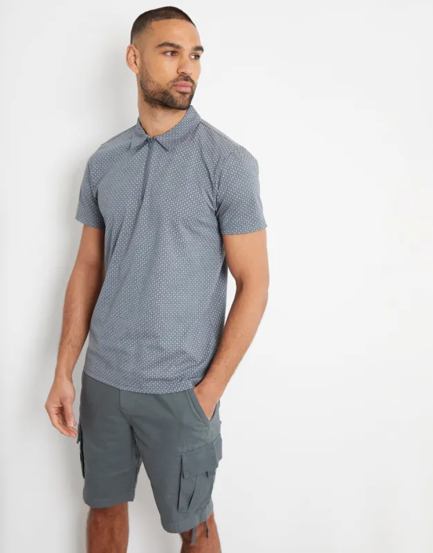 Men's Blue Grey Geometric Print Zip Neck Polo Shirt sold by Threadbare