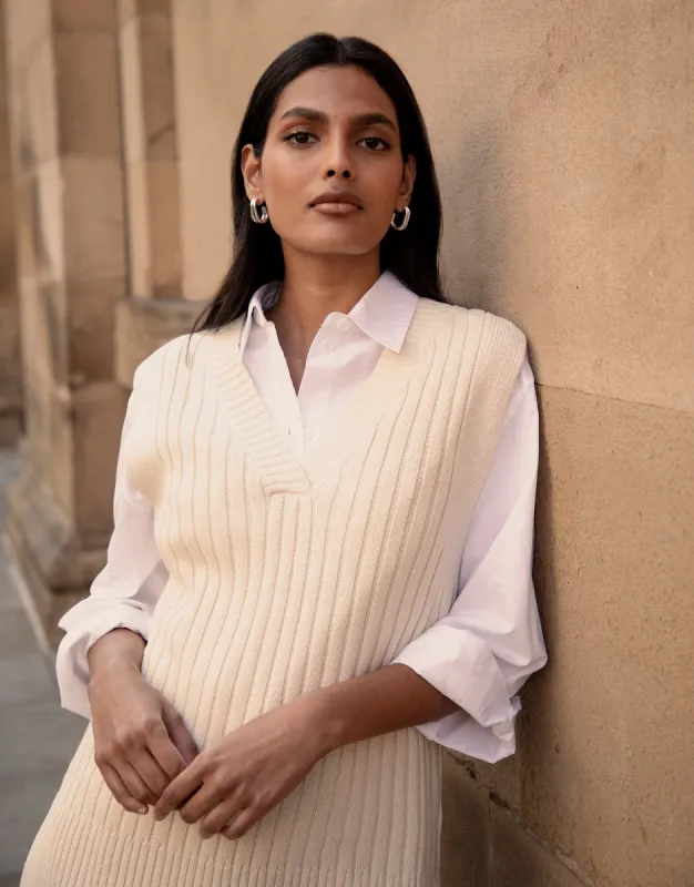 Women's Stone V-Neck Ribbed Knitted Sweater Vest sold by Threadbare