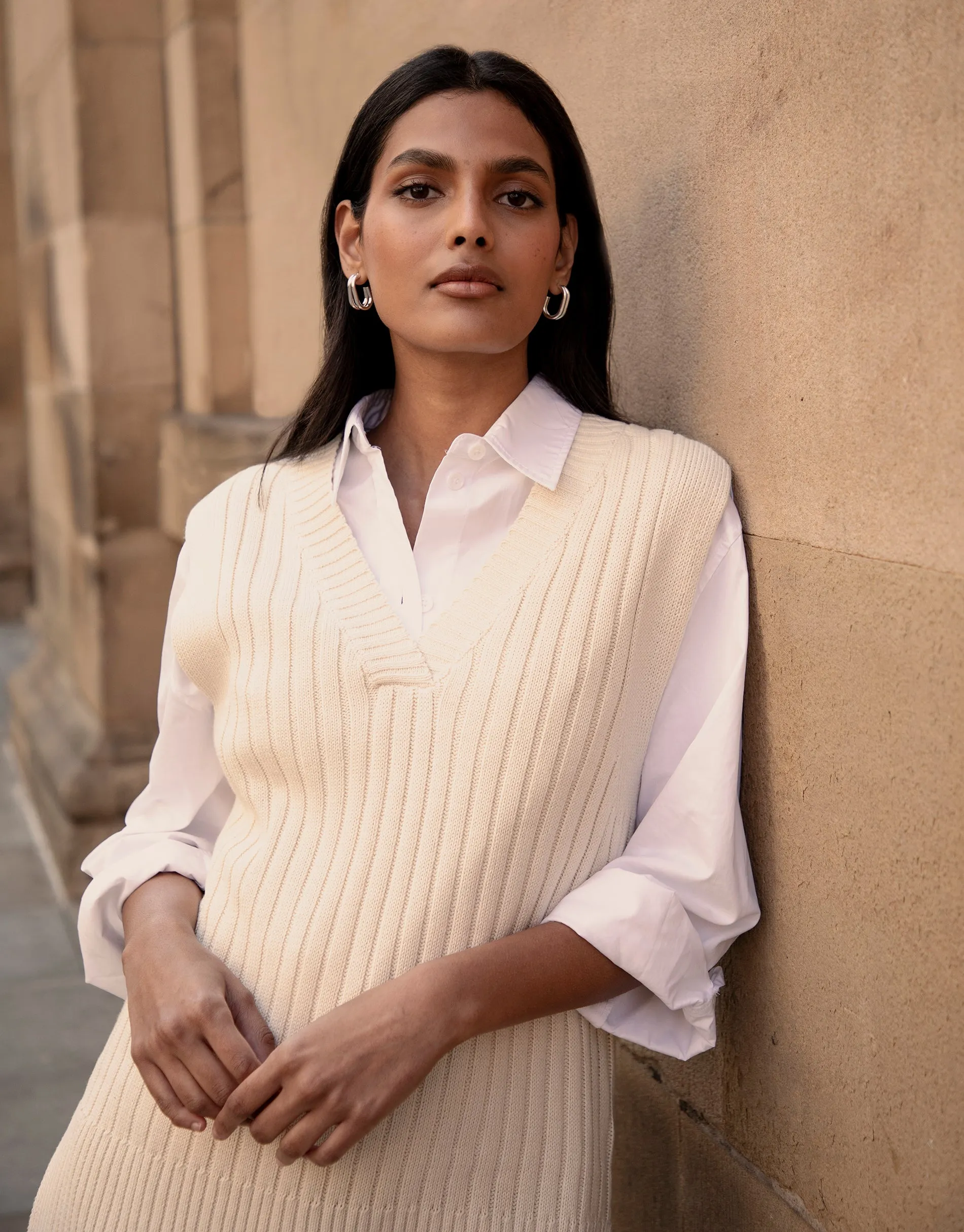 Women's Stone V-Neck Ribbed Knitted Sweater Vest sold by Threadbare