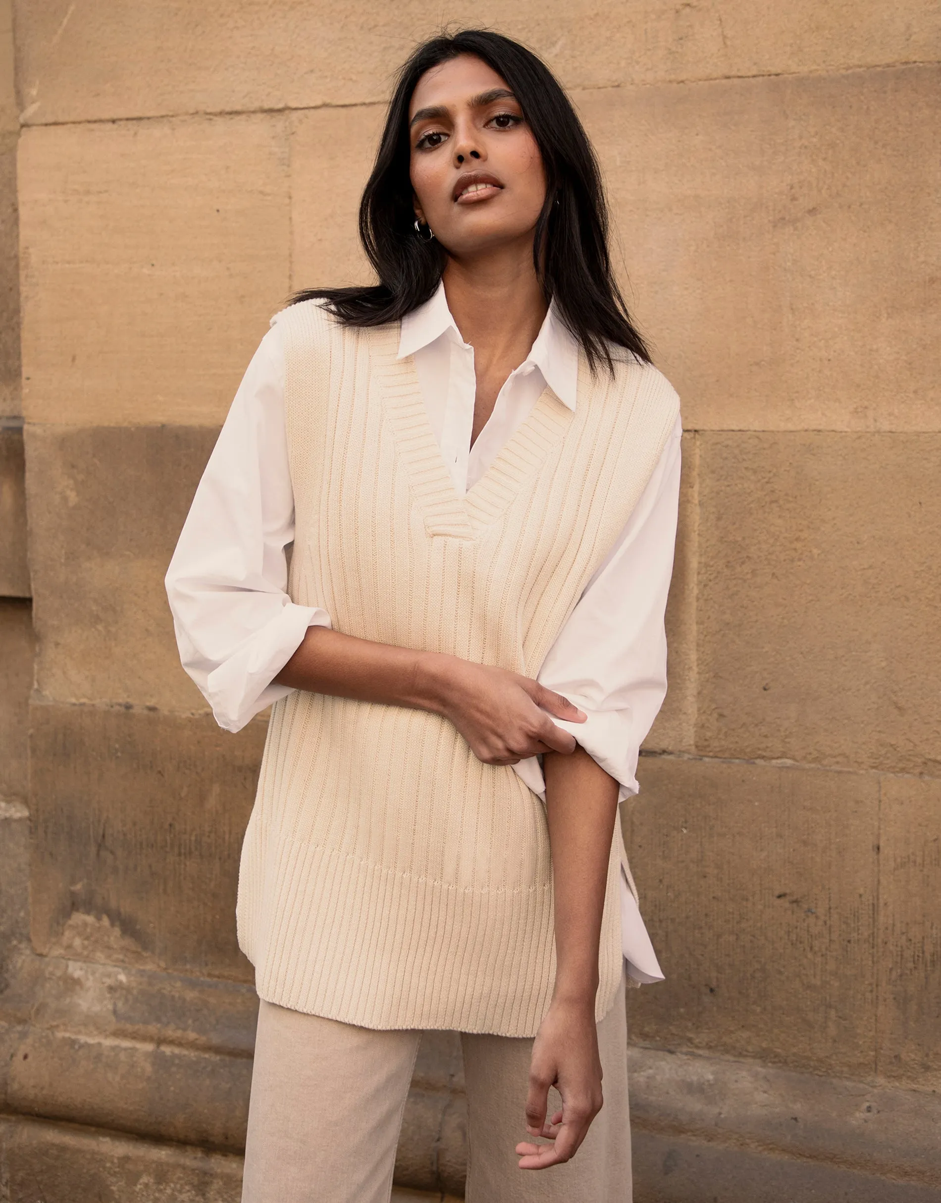 Women's Stone V-Neck Ribbed Knitted Sweater Vest sold by Threadbare product image thumbnail 3