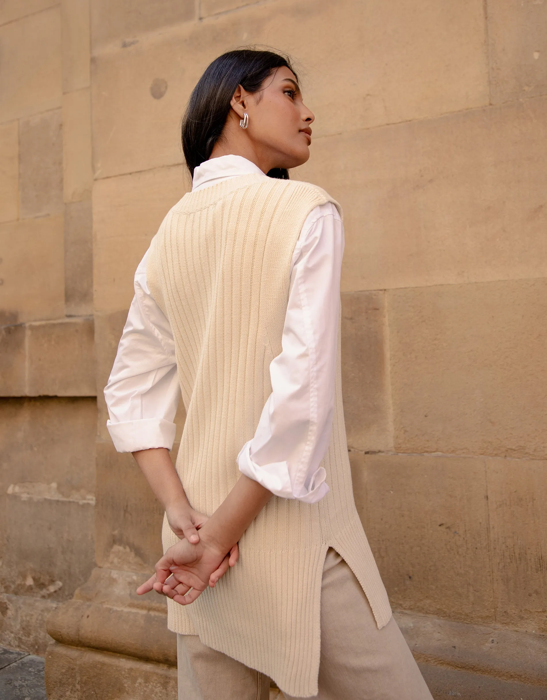 Women's Stone V-Neck Ribbed Knitted Sweater Vest sold by Threadbare product image thumbnail 2