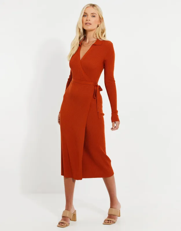 Women's Rust Ribbed Wrap Tie Dress sold by Threadbare