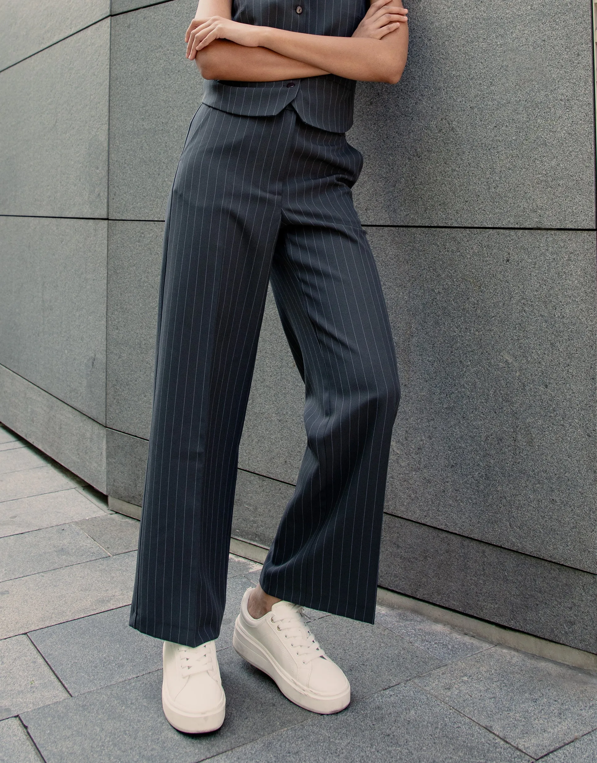 Women's Charcoal Pinstripe Wide Leg Tailored Trousers sold by Threadbare