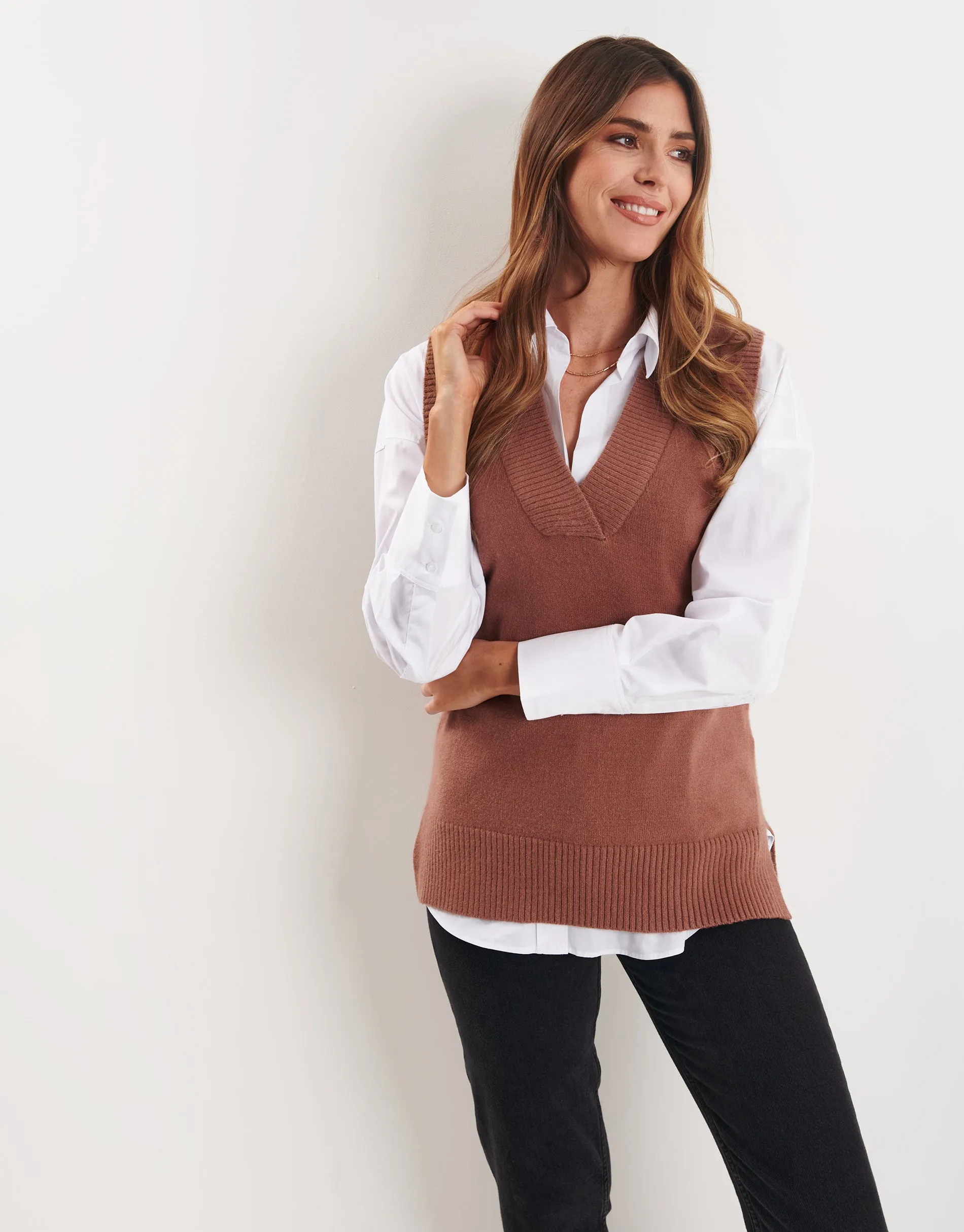 Women's Brown V-Neck Knitted Sweater Vest sold by Threadbare