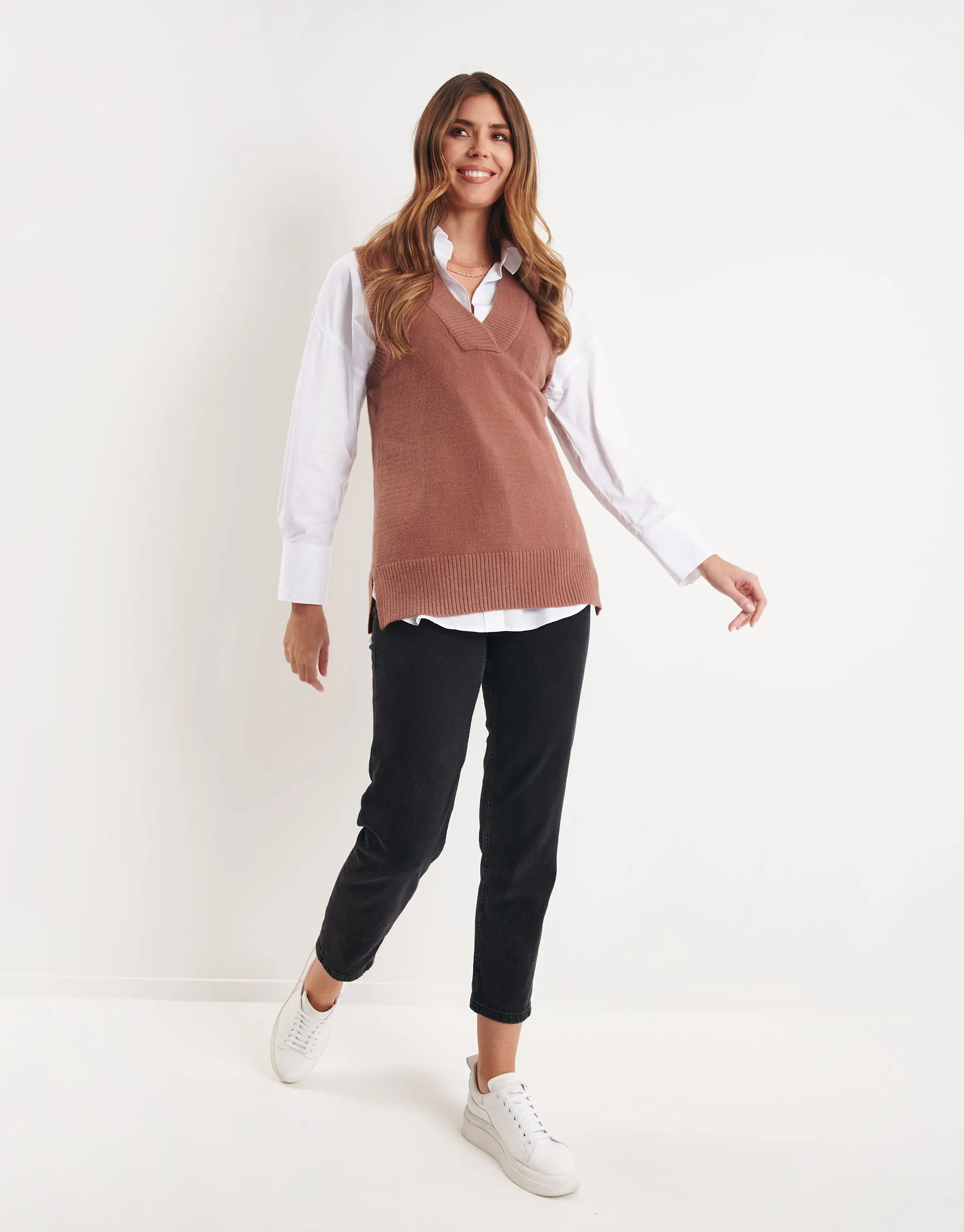 Women's Brown V-Neck Knitted Sweater Vest sold by Threadbare product image thumbnail 3