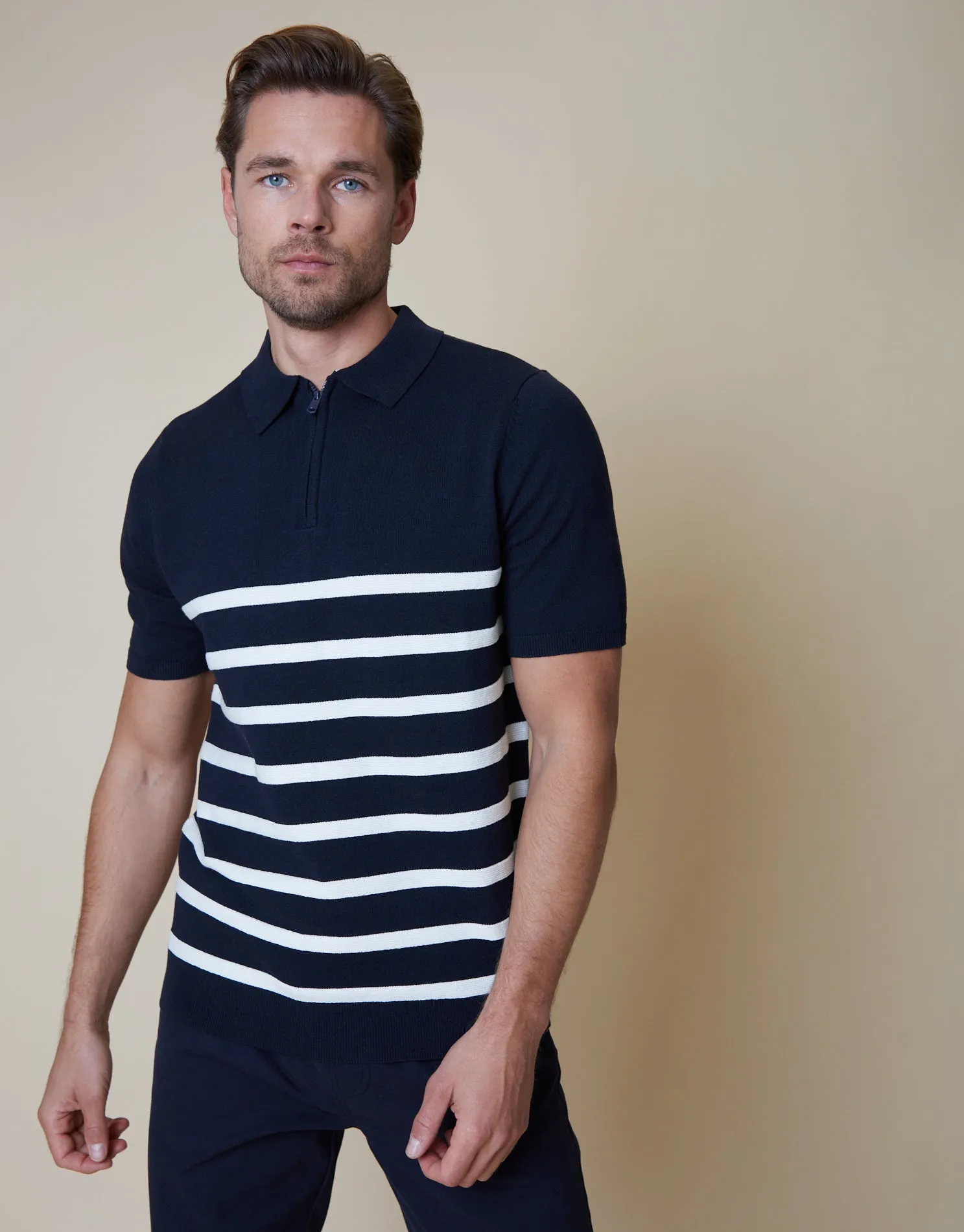 Men's Navy Stripe Quarter Zip Knitted Polo sold by Threadbare