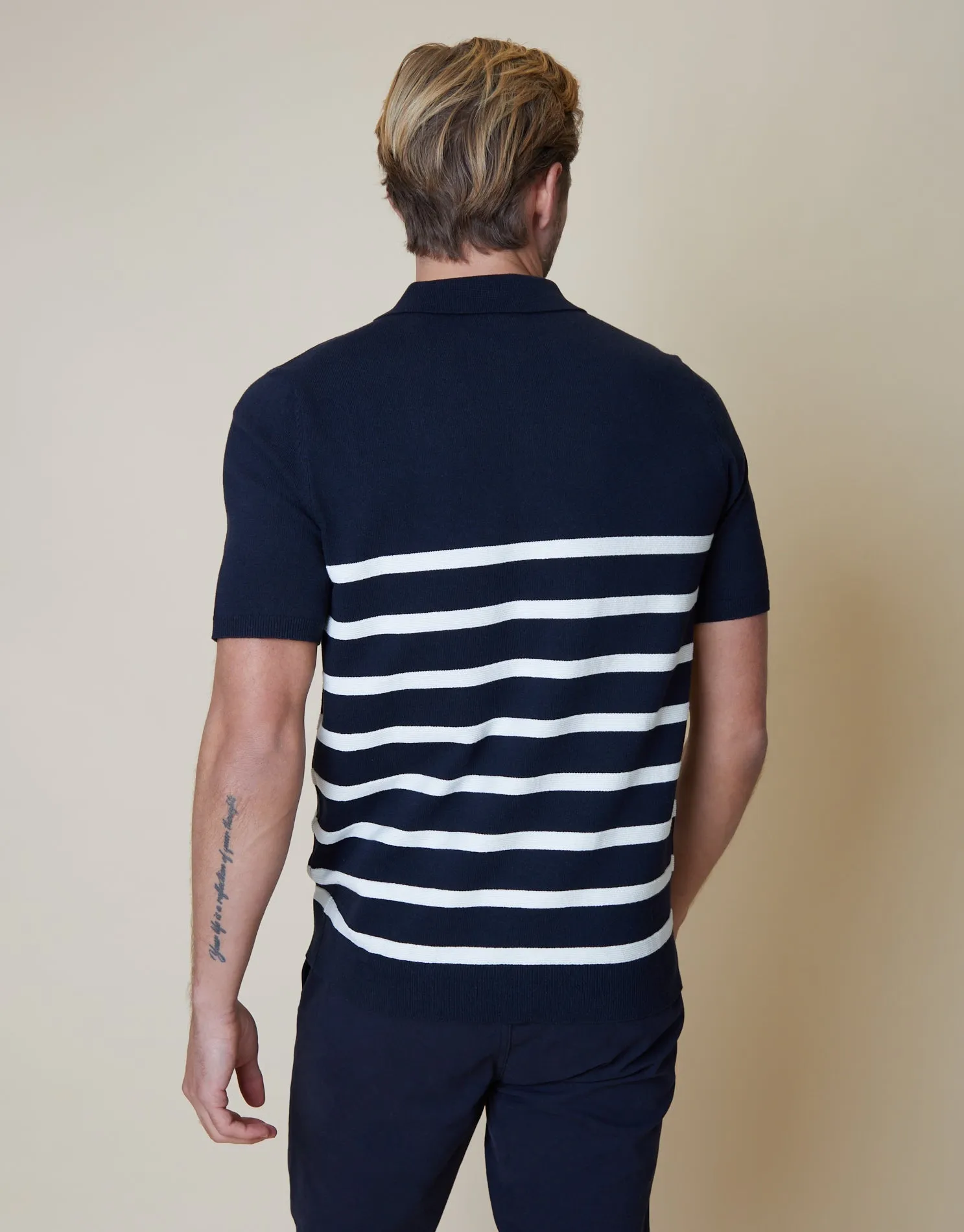 Men's Navy Stripe Quarter Zip Knitted Polo sold by Threadbare product image thumbnail 3