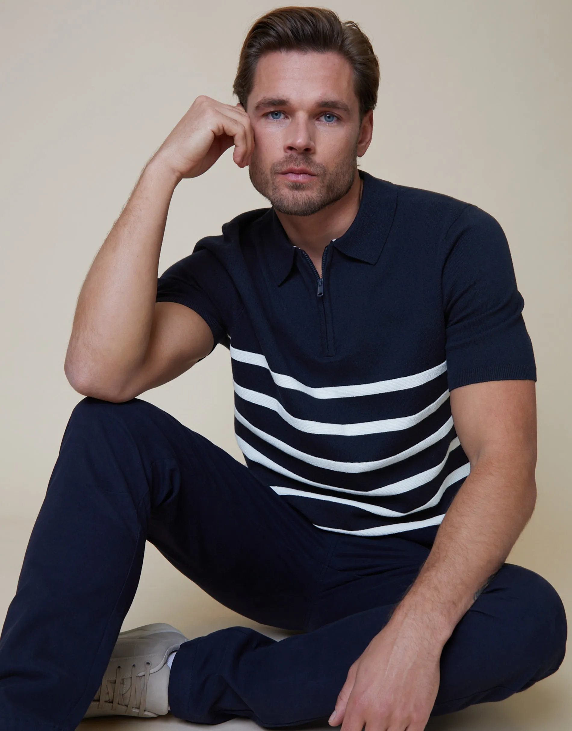 Men's Navy Stripe Quarter Zip Knitted Polo sold by Threadbare product image thumbnail 2