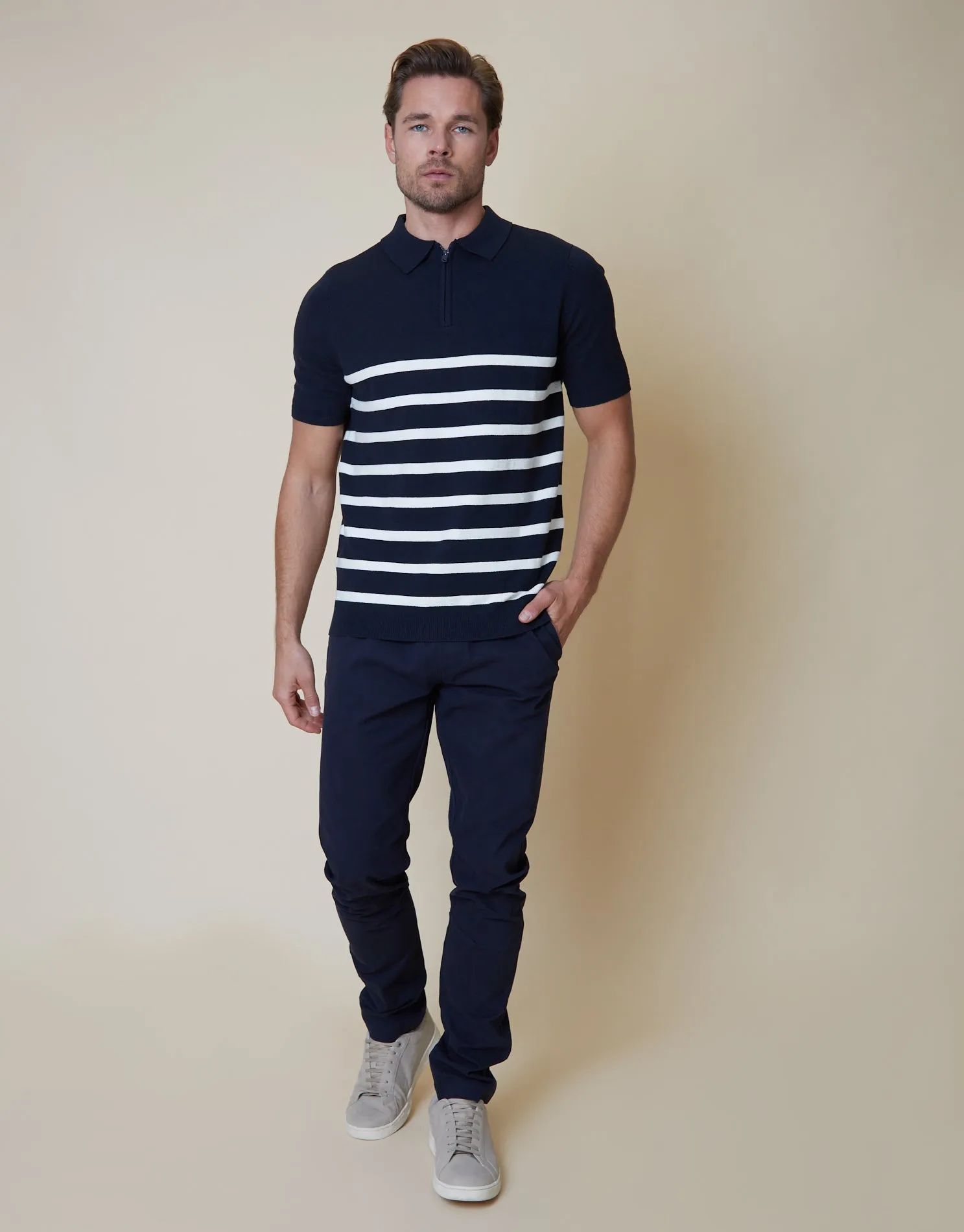 Men's Navy Stripe Quarter Zip Knitted Polo sold by Threadbare product image thumbnail 4
