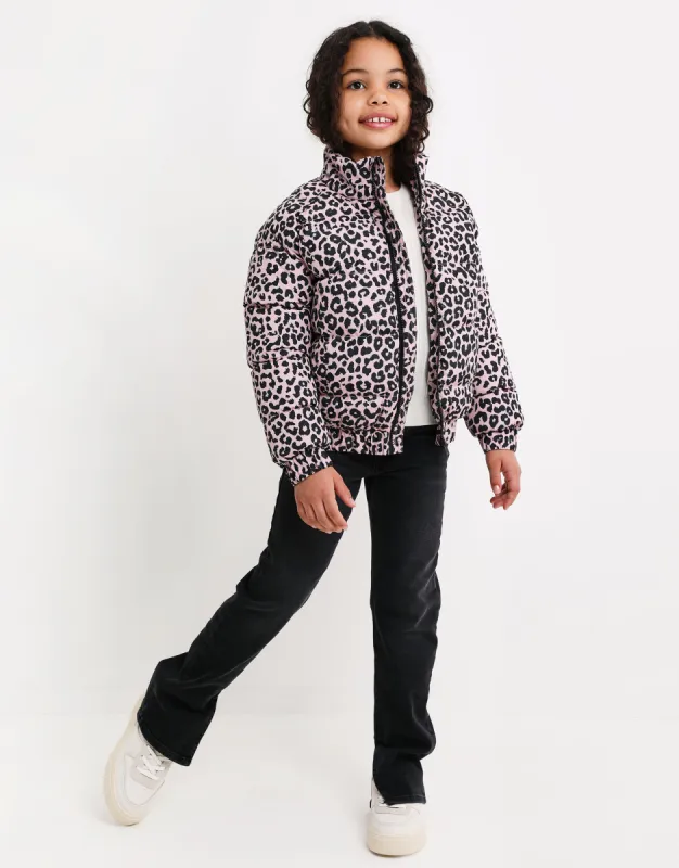 Girls' Pink Leopard Puffer Jacket sold by Threadbare