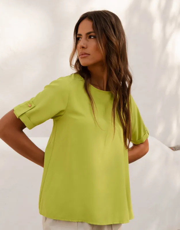 Women's Lime Green Short Roll Sleeve T-Shirt Blouse sold by Threadbare